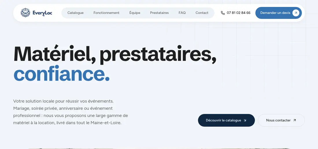 Page d'accueil du site Everyloc, location de matériel événementiel